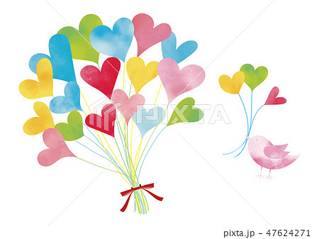 水彩風 幸せの鳥とハートバルーンいろいろのイラスト素材 47624271