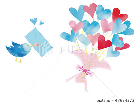 水彩風 幸せの青い鳥とハートバルーンのイラスト素材