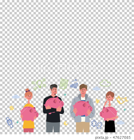 貯金箱をもつ若者 イラスト 手描きアイコン 金融イメージ のイラスト素材