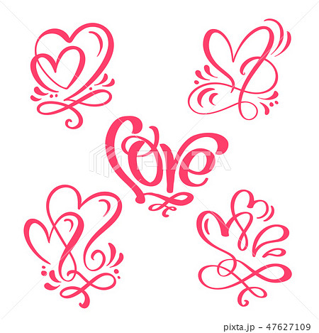 set of red Calligraphy word Love and hearts. Vector Valentines Day Hand Drawn lettering. Holiday 47627109