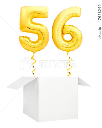 Golden number fifty six inflatable balloon with golden ribbon flying out of blank white box isolated Golden number fifty six inflatable balloon with golden ribbon flying out of blank white box isolated 47628240