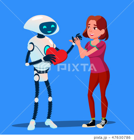 Robot In Love With Girl, Red Heart Vector. Isolated Illustration 47630786