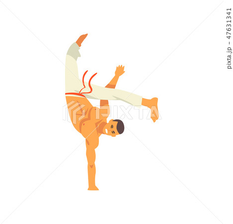 Smiling Man Standing on One Hand, Capoeira Dancer Character Practicing Movement, Brazilian National Smiling Man Standing on One Hand, Capoeira Dancer Character Practicing Movement, Brazilian National 47631341