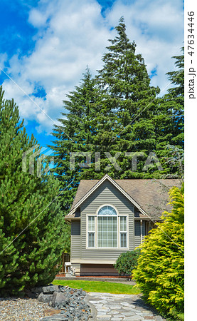 Living room window of residential house with paved pathway over front yard 47634446