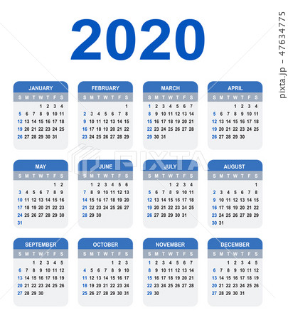 Calendar 2020. Week starts on Sunday.  47634775