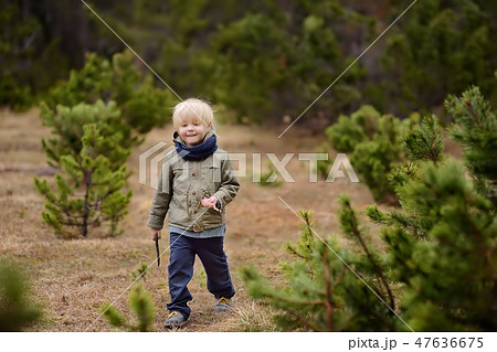 Cute little boy walks in Swiss national Park Cute little boy walks in Swiss national Park 47636675
