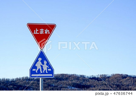 道路標識 止まれ標識 横断歩道の写真素材