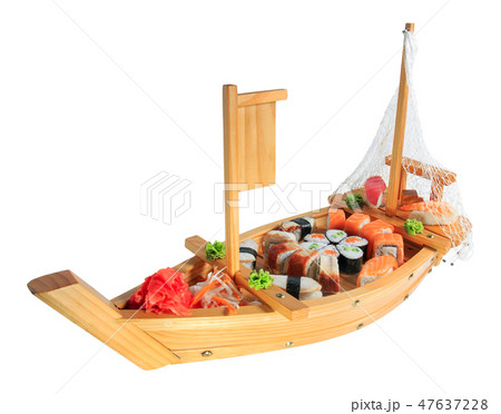 Set of sushi rolls on a wooden ship. Set of sushi rolls on a wooden ship. 47637228