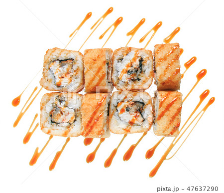 Hot fried sushi roll with cheese and mussels. Hot fried sushi roll with cheese and mussels. 47637290