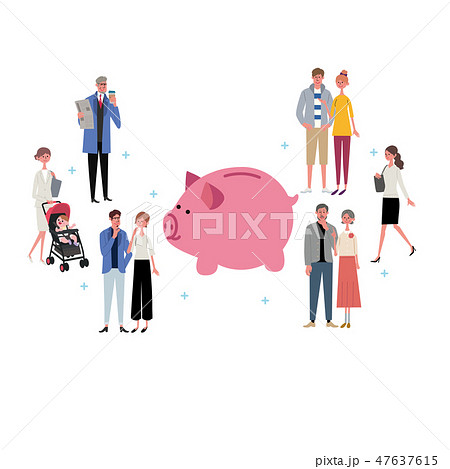 ぶた貯金箱　イラスト　人々　大勢 47637615