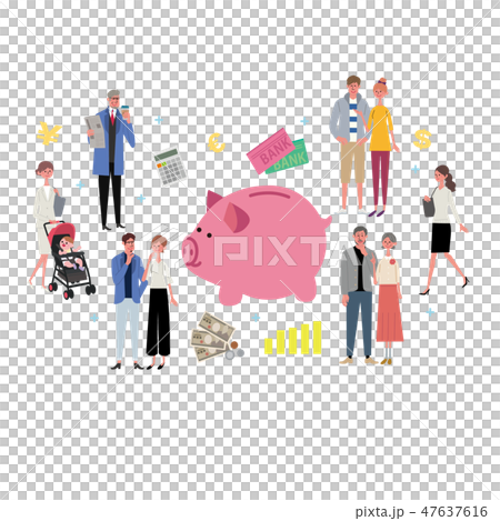 貯金箱と人々のイラスト　金融イメージ　資産運用 47637616