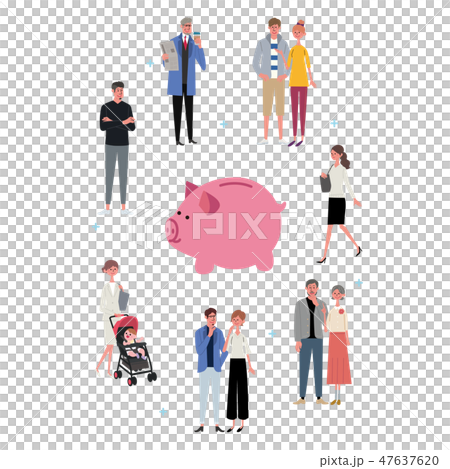 貯金箱と人々　金融コンセプト　資産運用　イラスト　 47637620