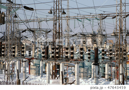 Closeup thermal power station with pipes. Closeup thermal power station with pipes. 47643459