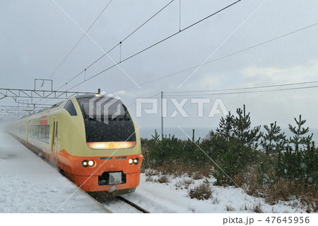 雪景色の笹川流れを走る特急いなほ 雪景色の笹川流れを走る特急いなほ 47645956