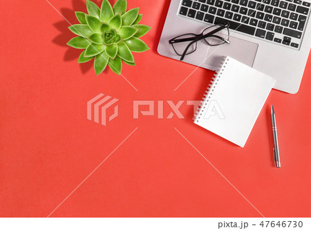 Office workplace flat lay Laptop notebook green 47646730