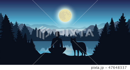 person and wolf are looking at the full moon in nature person and wolf are looking at the full moon in nature 47648337