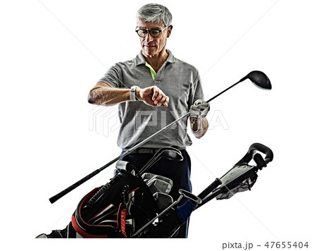 senior man golfer golfing  shadow silhouette isolated white background 47655404