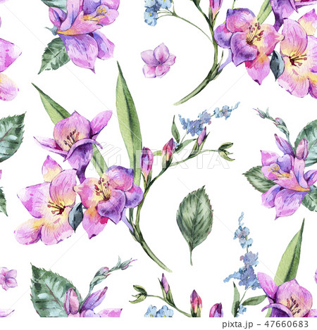 Watercolor Floral Seamless Pattern Of Freesia のイラスト素材