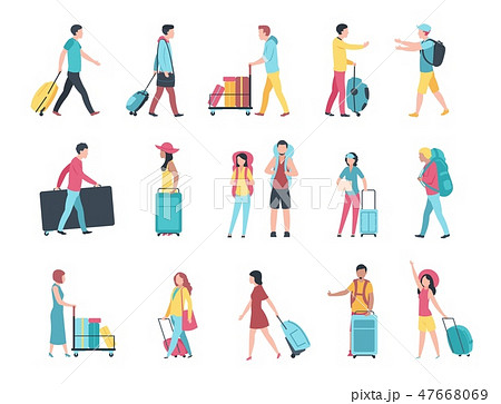 Travel people. Airport tourist baggage crowd passengers check passport control terminal queue 47668069
