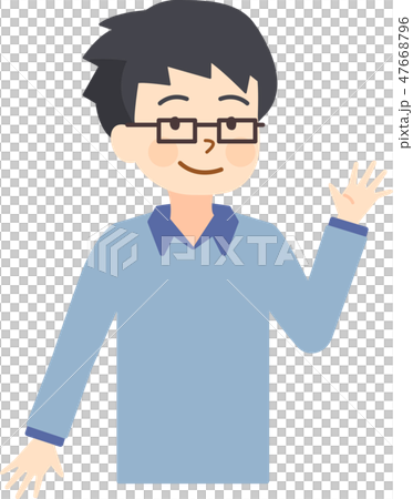 父 片手上げ 笑顔 右向き 父 片手上げ 笑顔 右向き 47668796