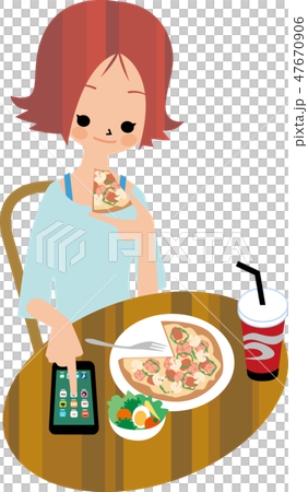 A woman eating while watching a smartphone 47670906