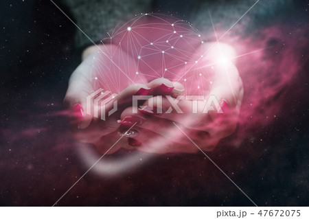 Woman holding Red Social connection technologies. 47672075