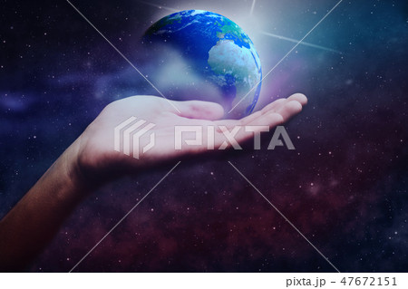 Protect our world in human hands and nebula dust 47672151