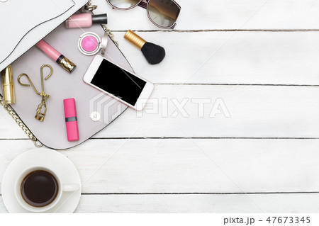 feminine accessories and make up. Flat lay 47673345