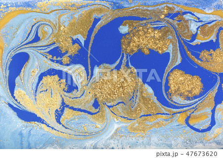 Blue and gold marbling pattern. Golden marble liquid texture. 47673620