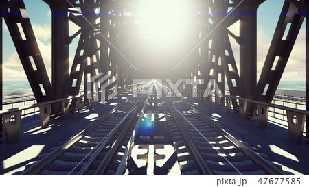 Railway bridge on a Sunny day against the blue sky and the sea. 3D Rendering Railway bridge on a Sunny day against the blue sky and the sea. 3D Rendering 47677585