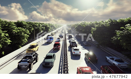 The camera flies over heavy traffic. Cars go through the city in the afternoon. 3D Rendering 47677942