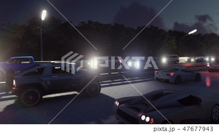 Cars with lights on go through the city at night. Night cars lights and heavy traffic. 3D Rendering 47677943