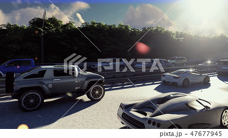 Heavy traffic in the city during the day. Cars entering the city in the morning. 3D Rendering 47677945