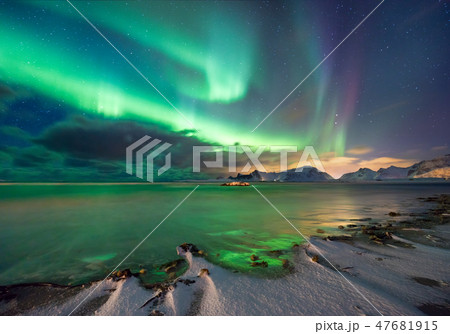 Real Magic of Northern Lights - Norwegian fjord 47681915