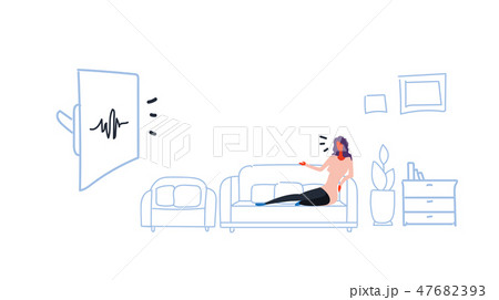 home television controlled by woman sitting on couch smart tv tech recognizes commands voice control home television controlled by woman sitting on couch smart tv tech recognizes commands voice control 47682393