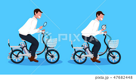 two men cycling bicycle holding magnifying glass alarm clock business activity concept guys riding two men cycling bicycle holding magnifying glass alarm clock business activity concept guys riding 47682448