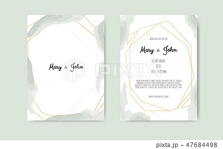 Wedding invite with abstract watercolor style decoration in light tender dusty green color on white 47684498