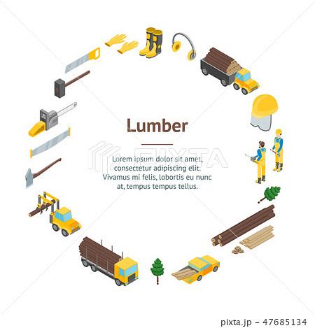 Lumberman Woodcutter Signs 3d Banner Card Circle Isometric View. Vector Lumberman Woodcutter Signs 3d Banner Card Circle Isometric View. Vector 47685134