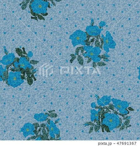 Floral seamless pattern. Colorful flowers on the dark backdrop. The effect of embroidery on denim 47691367
