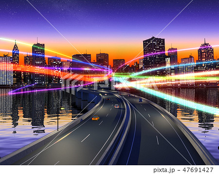 都会の夜景　高層ビル群  光　通信　ネットワーク　ＣＧ イラスト 47691427