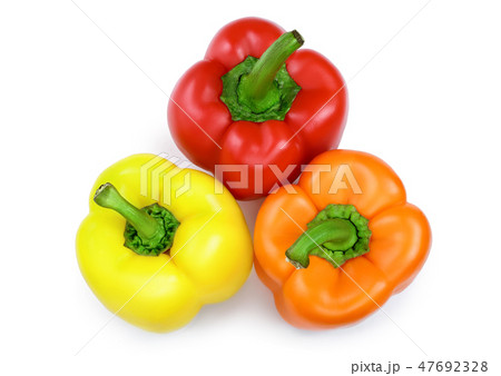 yellow orange and red sweet bell pepper isolated on white background. Top view. Flat lay 47692328