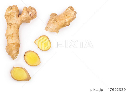 fresh Ginger root and slice isolated on white background. Top view. Flat lay 47692329
