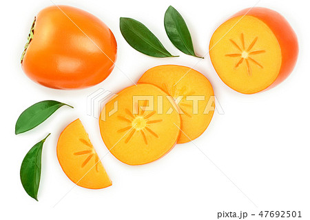 persimmon slice with leaves isolated on white background with copy space for your text. Top view persimmon slice with leaves isolated on white background with copy space for your text. Top view 47692501