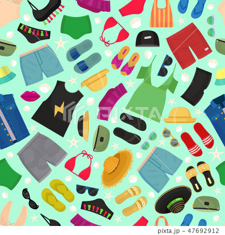 Beach fashion seamless pattern vector illustration. Summer woman s and man s outfit. Fashion beach 47692912