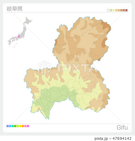 岐阜県の地図 等高線 色分け のイラスト素材