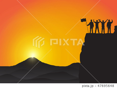 Silhouette of men on top of mountain with flag Silhouette of men on top of mountain with flag 47695648