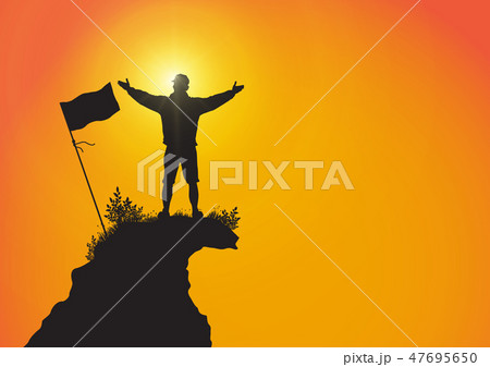 Young man on top of mountain with flag 47695650