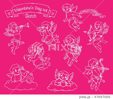 Cupids with angel wings, love arrows and bows Cupids with angel wings, love arrows and bows 47697008