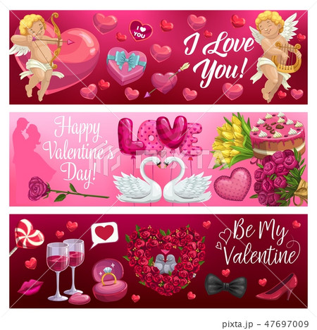 Valentines Day hearts, Cupids, flowers and gifts 47697009