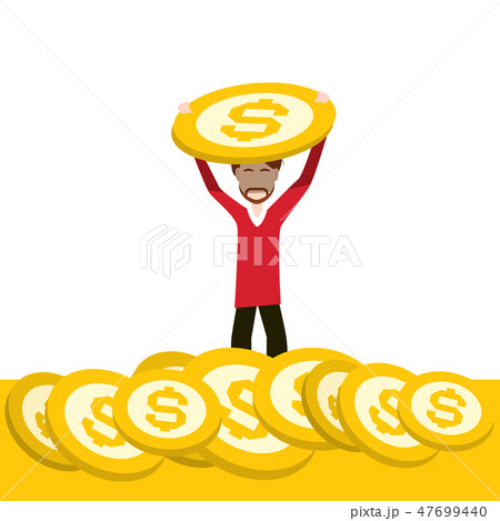 Rich Man Holding Dollar Coin on Gold Money Stack 47699440
